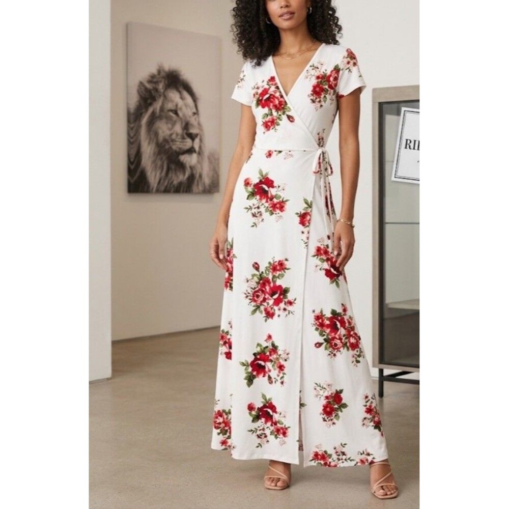 Riley & James White Floral Wrap Maxi Dress Small S Red Rose Short Sleeve Boho⁠